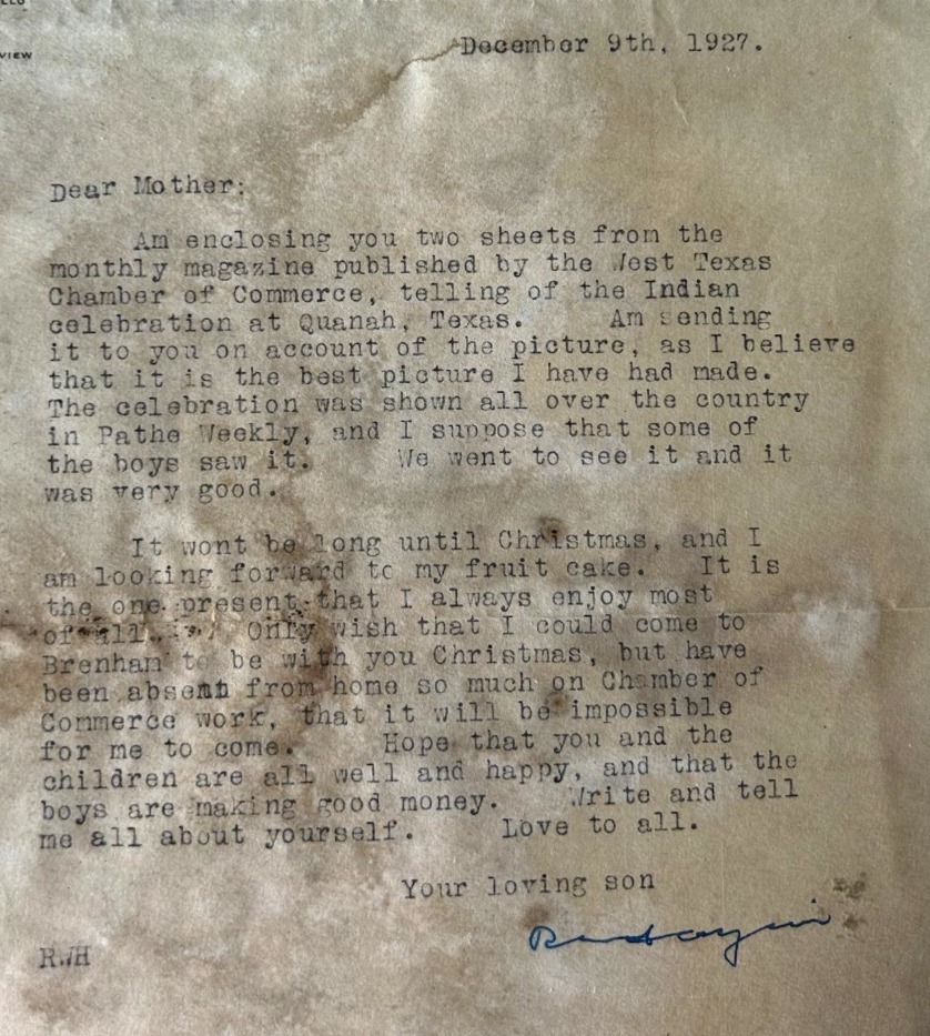 A handwritten letter to Nellie — a personal artifact from her family's history on the Blackland Prairie